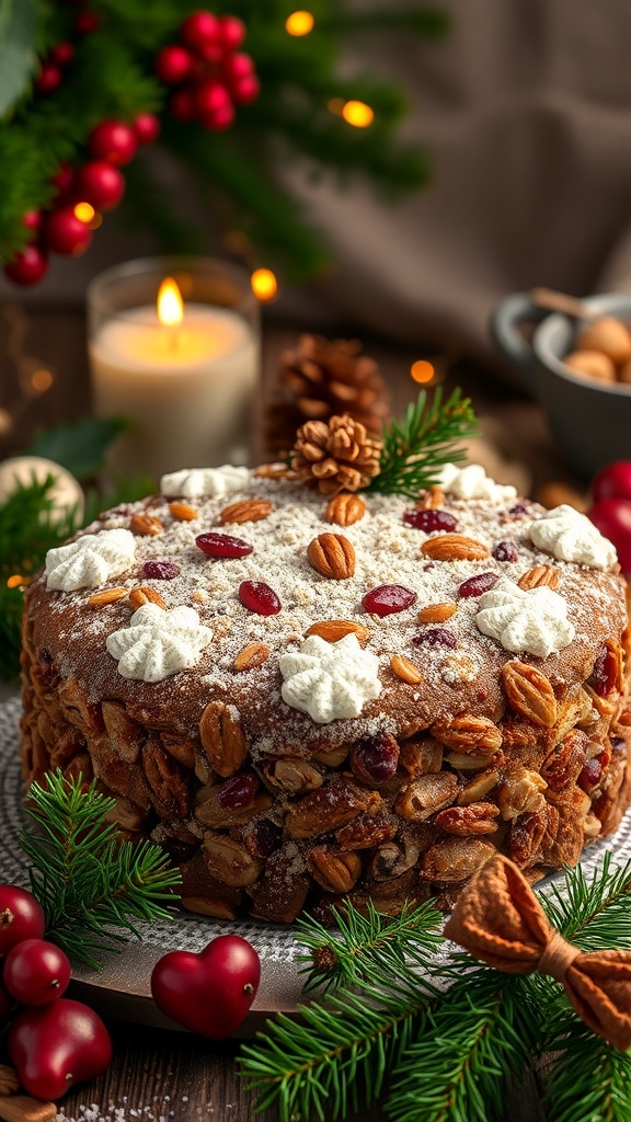 A beautifully decorated fruitcake with nuts and dried fruits, set against a holiday backdrop.