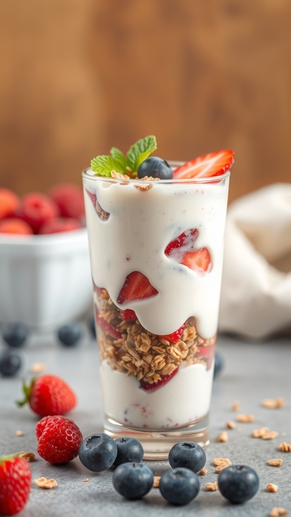 A delicious fruity yogurt parfait smoothie with layers of yogurt, strawberries, and blueberries.