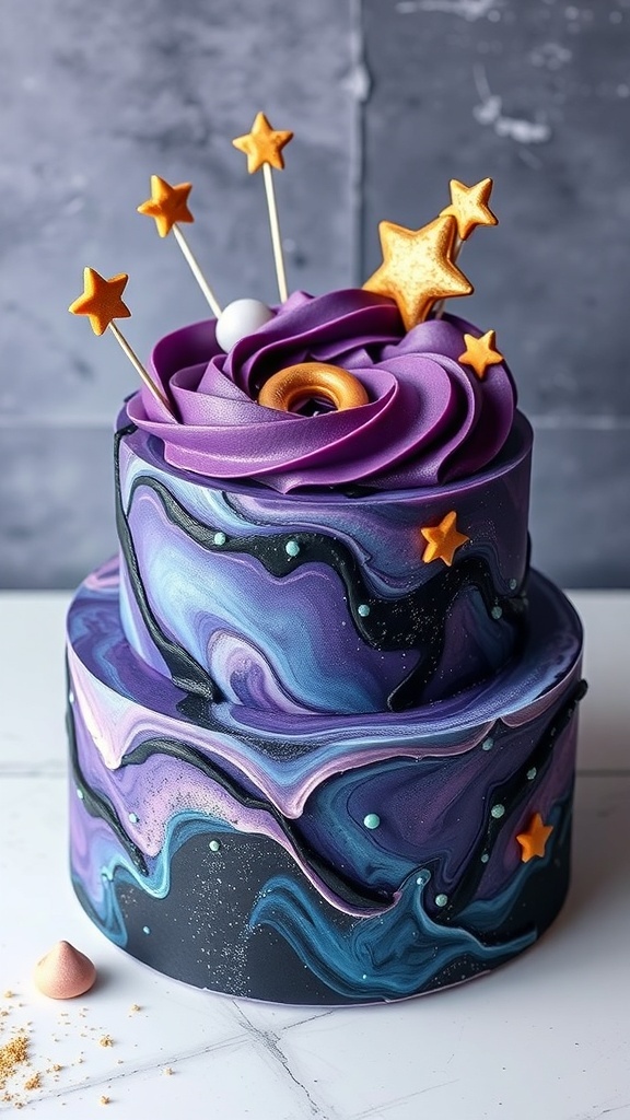 A beautifully decorated galaxy cake with purple and blue swirls, topped with star-shaped decorations.