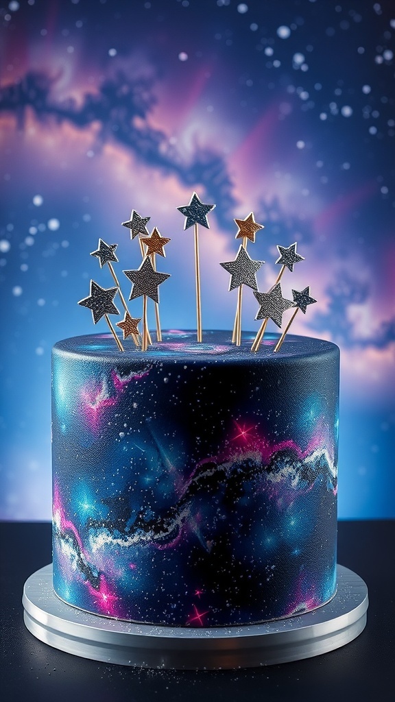 A galaxy themed birthday cake with star toppers and a colorful cosmic design.