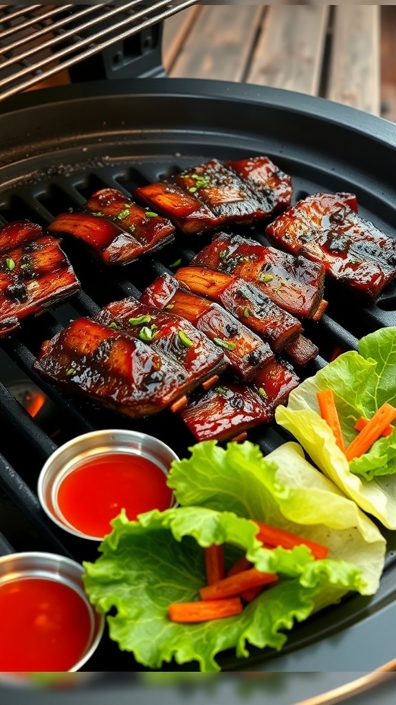 Grilled short ribs with lettuce and carrots on a grill