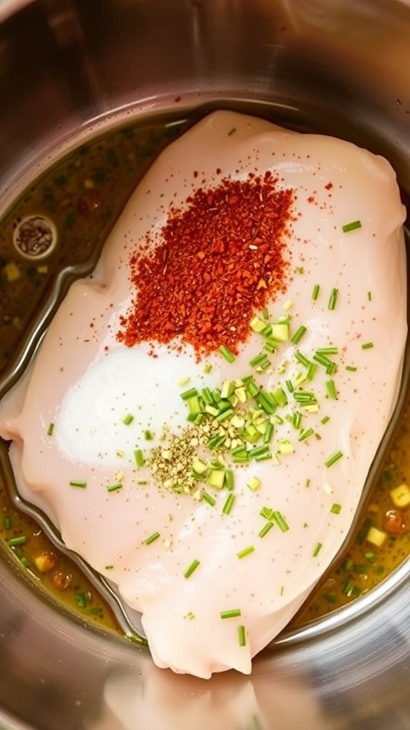 A bowl containing a chicken breast marinated in olive oil, garlic, and herbs.