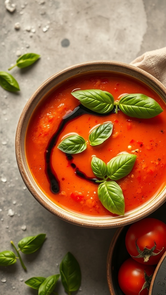 A bowl of garlic and herb tomato soup garnished with fresh basil leaves and a drizzle of balsamic reduction.