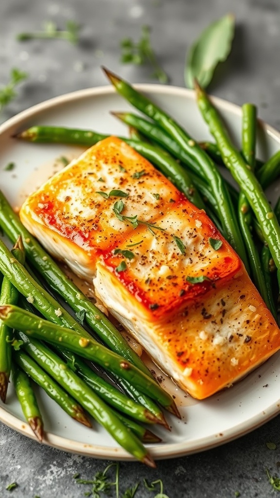A plate of garlic butter baked salmon with green beans, garnished with herbs.