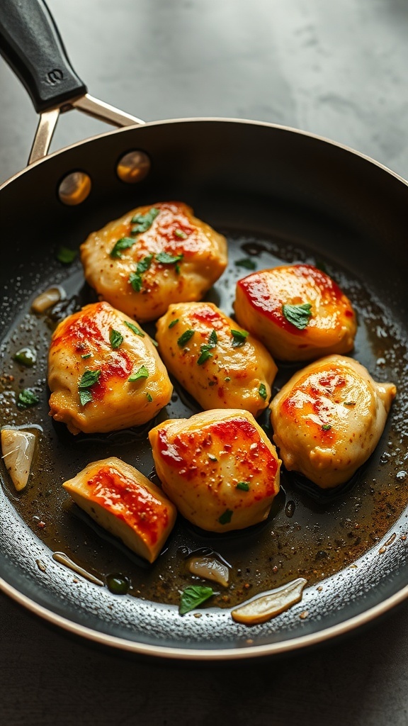 A pan with golden garlic butter chicken bites garnished with herbs.