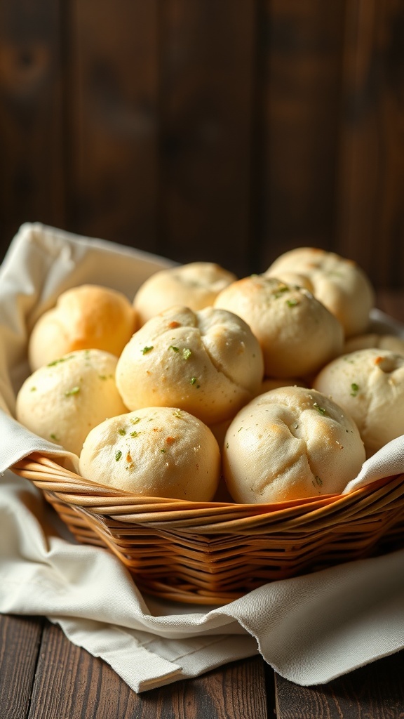 A basket filled with fluffy garlic butter dinner rolls