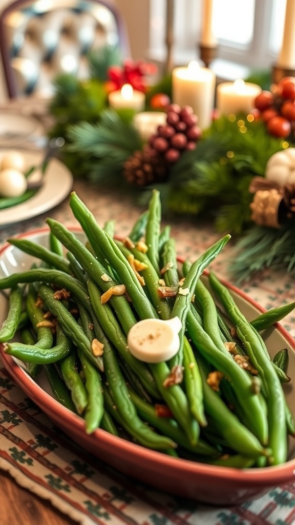 A serving of garlic butter green beans on a festive table, surrounded by holiday decorations.
