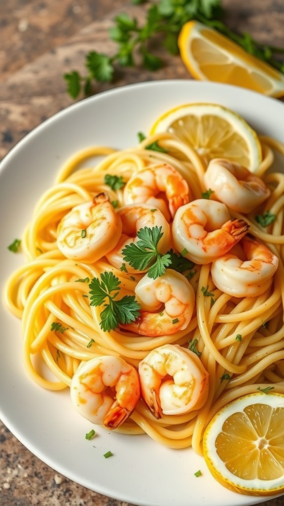 A plate of Garlic Butter Shrimp Pasta with shrimp, spaghetti, and lemon slices.