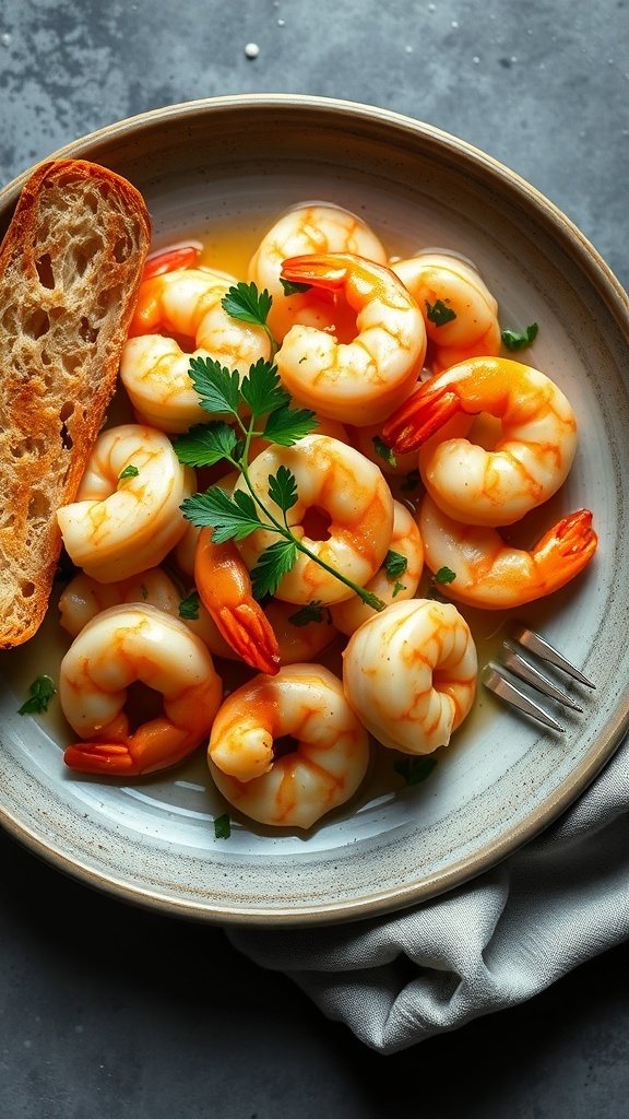 A plate of garlic butter shrimp scampi with a slice of bread and parsley garnish.