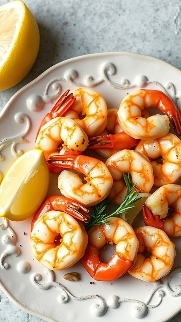 A plate of garlic butter shrimp garnished with lemon and herbs