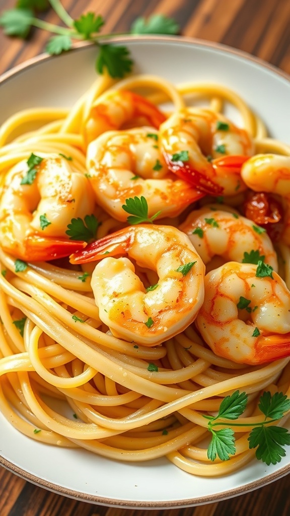 A plate of Garlic Butter Shrimp with Pasta garnished with parsley.