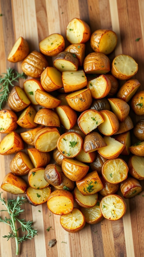 A pile of garlic herb roasted baby potatoes, cut in half, on a wooden surface.