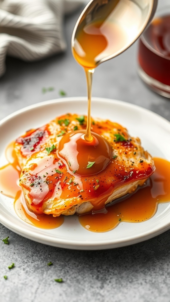 A piece of chicken breast drizzled with a garlic honey sauce on a white plate.