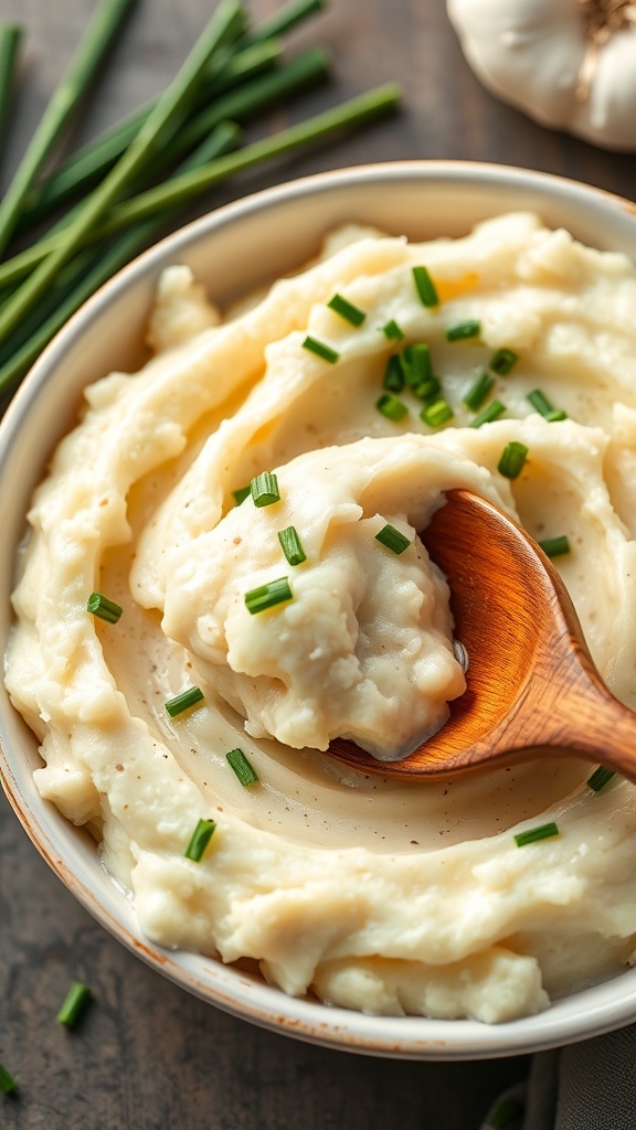A bowl of creamy garlic mashed potatoes topped with fresh chives and a wooden spoon