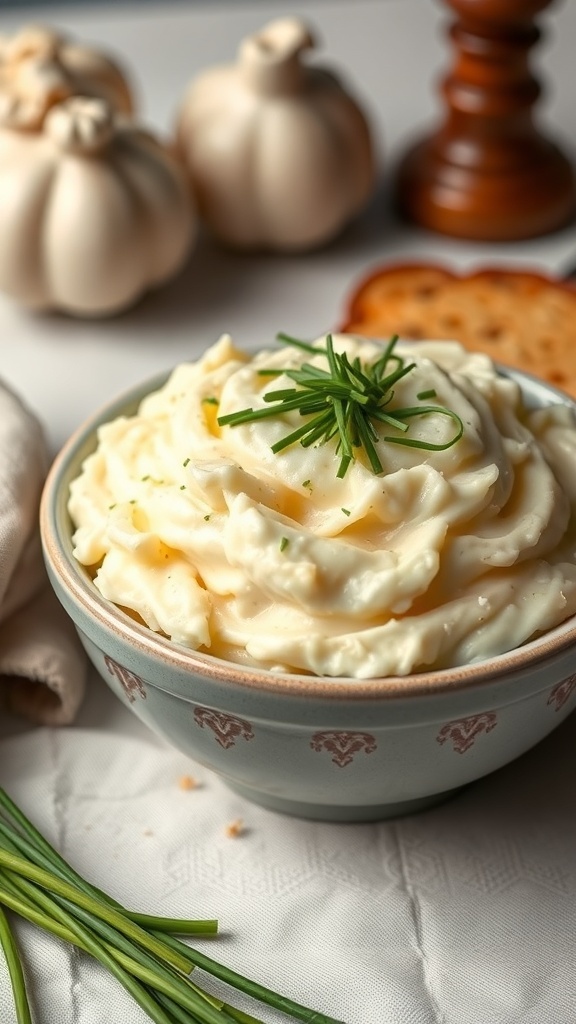 A bowl of creamy garlic mashed potatoes topped with fresh chives, surrounded by garlic cloves and a wooden pepper grinder.