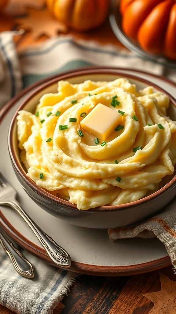 A bowl of creamy garlic mashed potatoes topped with a pat of butter and chives, surrounded by autumn decorations.