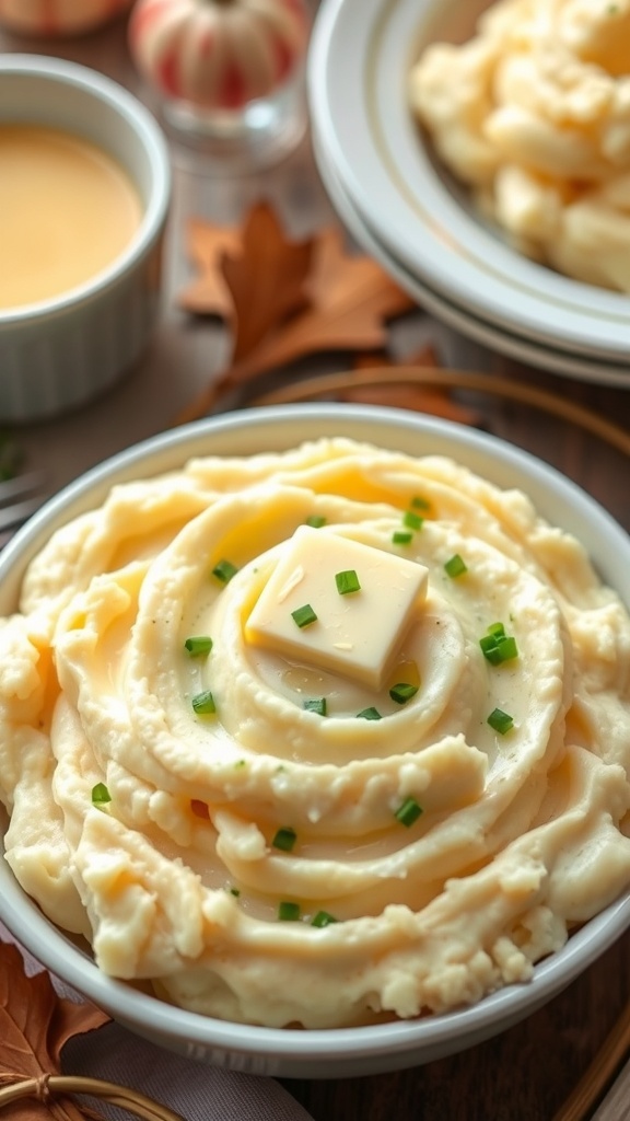 A bowl of creamy garlic mashed potatoes topped with butter and chives, perfect for Thanksgiving.