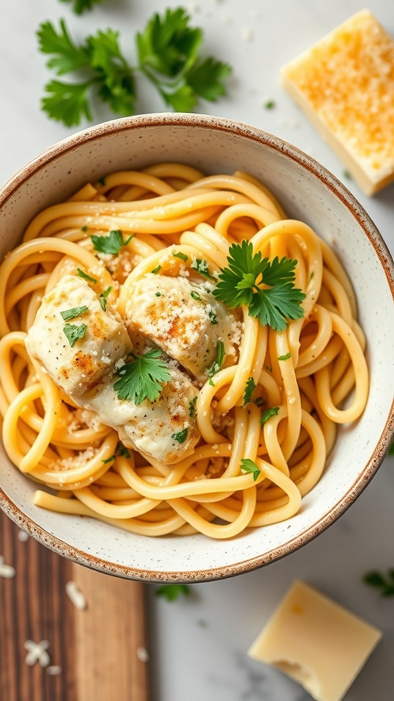 A bowl of garlic parmesan chicken pasta with spaghetti, chicken pieces, and parsley on top.