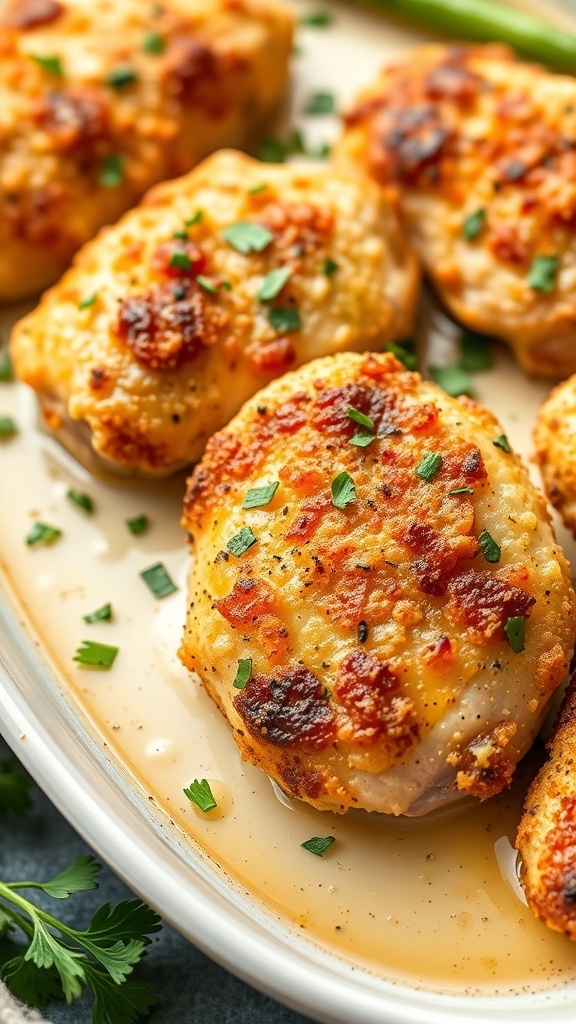 Deliciously baked garlic parmesan chicken thighs with a crispy topping and fresh herbs