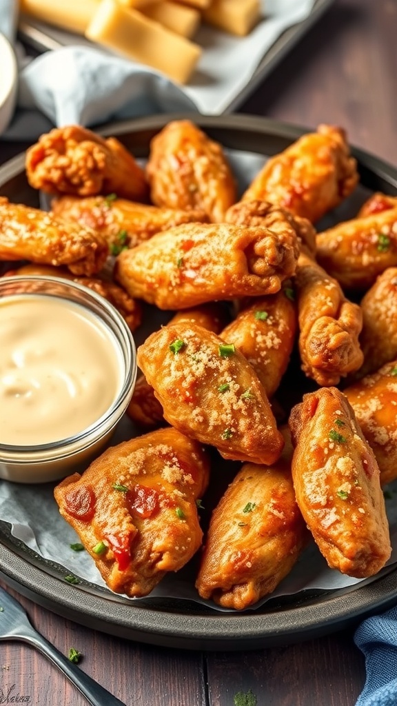 A plate of Garlic Parmesan Chicken Wings with dipping sauce and green onions