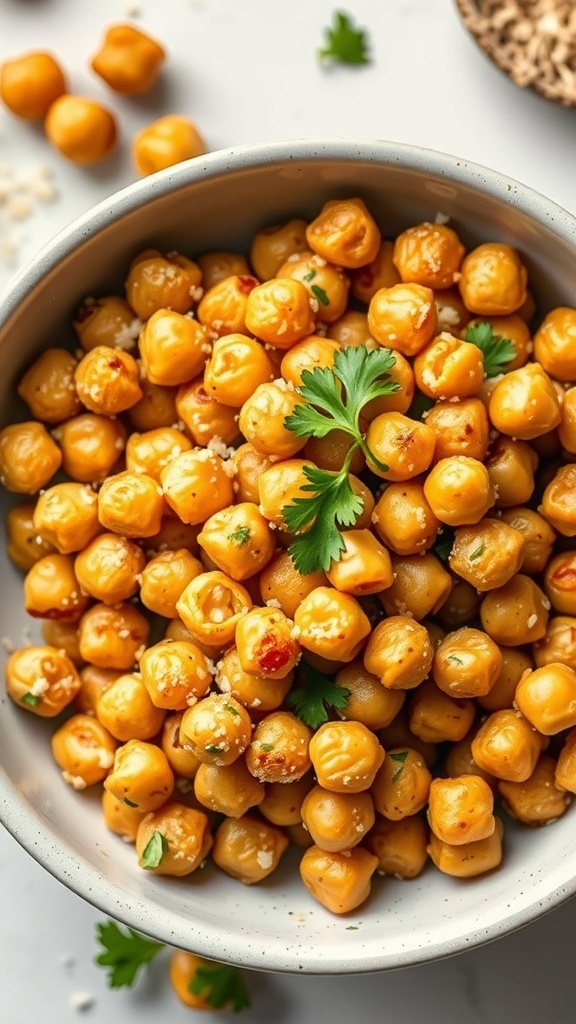 A bowl of garlic Parmesan roasted chickpeas garnished with fresh herbs.
