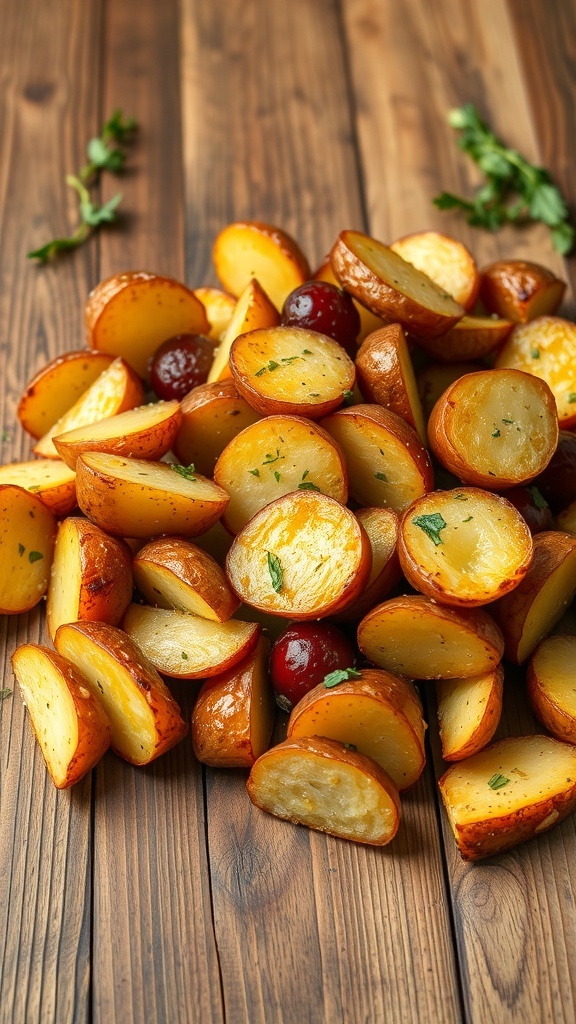A pile of garlic parmesan roasted potatoes on a wooden table
