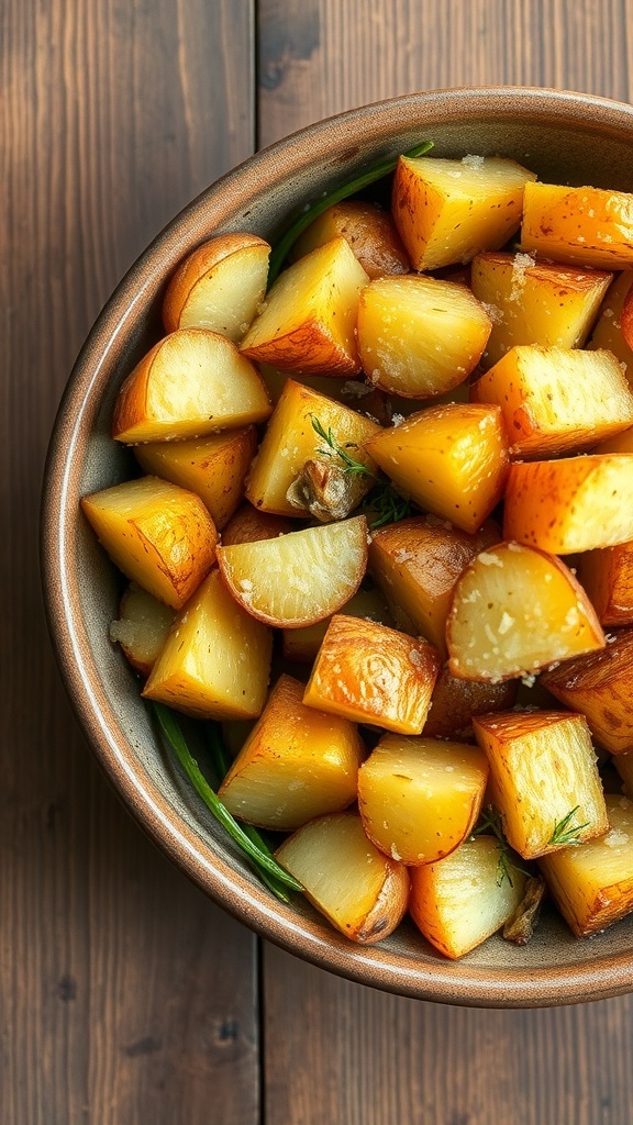 A bowl of garlic parmesan roasted potatoes, golden and crispy, garnished with herbs.