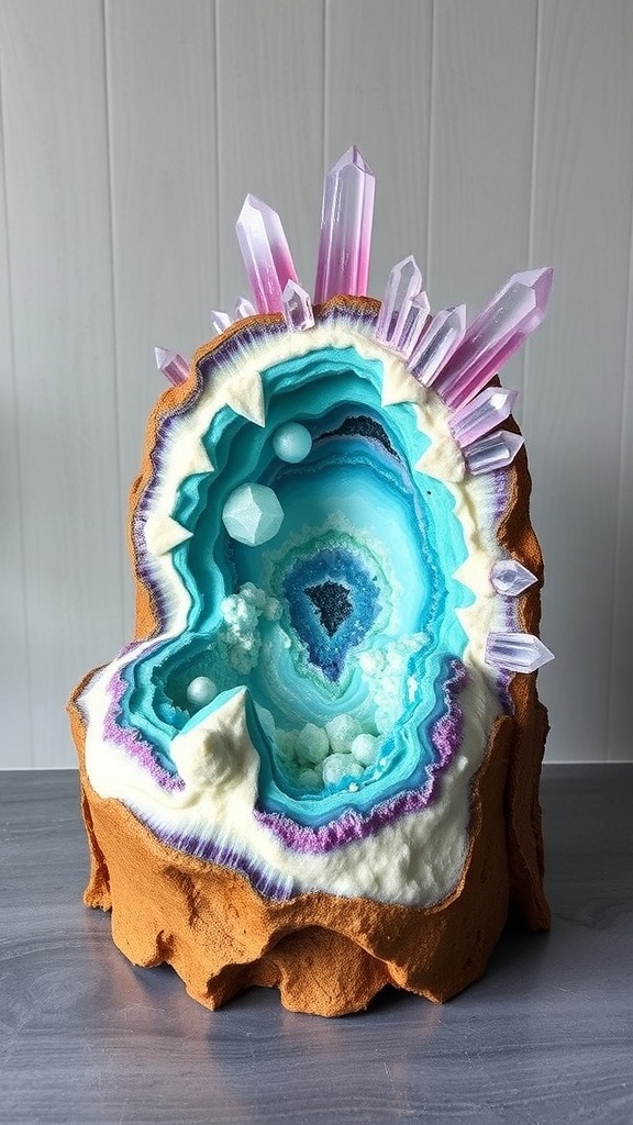 A beautifully crafted geode-inspired cake with vibrant colors and crystal decorations.