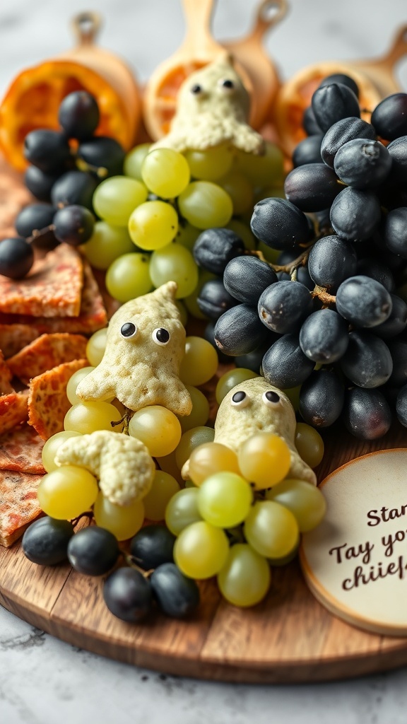 A Halloween charcuterie board featuring grapes shaped like ghosts, with black grapes and crackers.