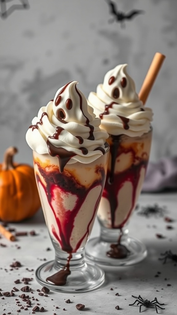 Two ghostly ice cream sundaes with whipped cream ghosts and chocolate drizzle