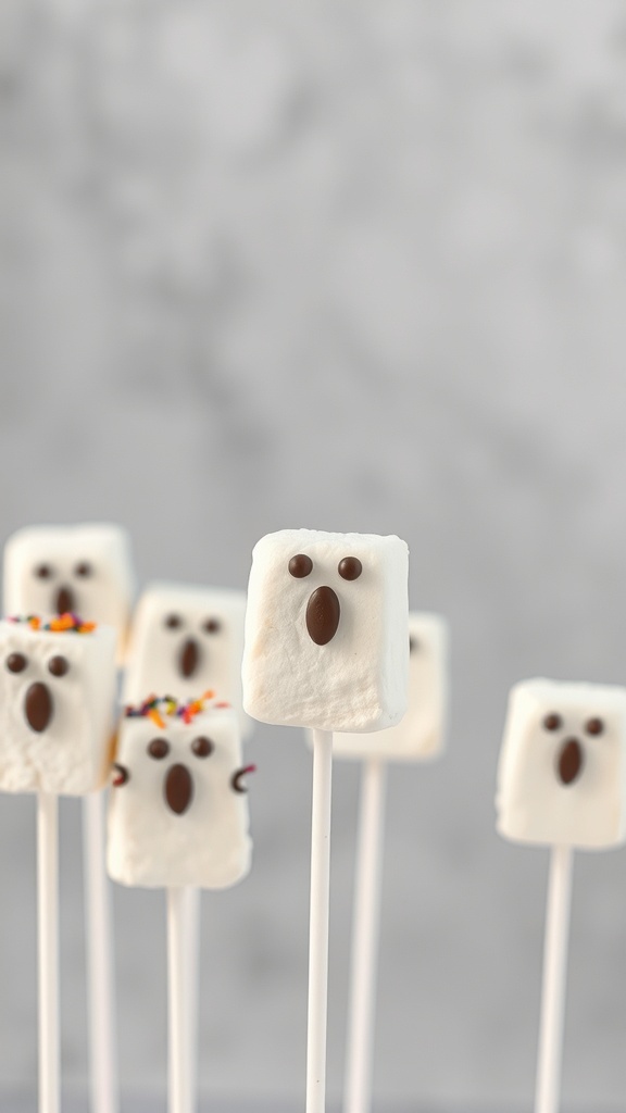 Ghostly marshmallow pops decorated with chocolate faces on lollipop sticks