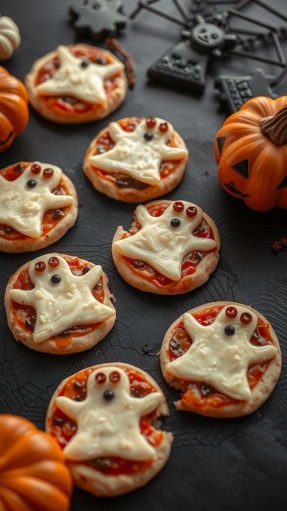 Mini pizzas topped with ghost-shaped cheese and black olives, perfect for Halloween.