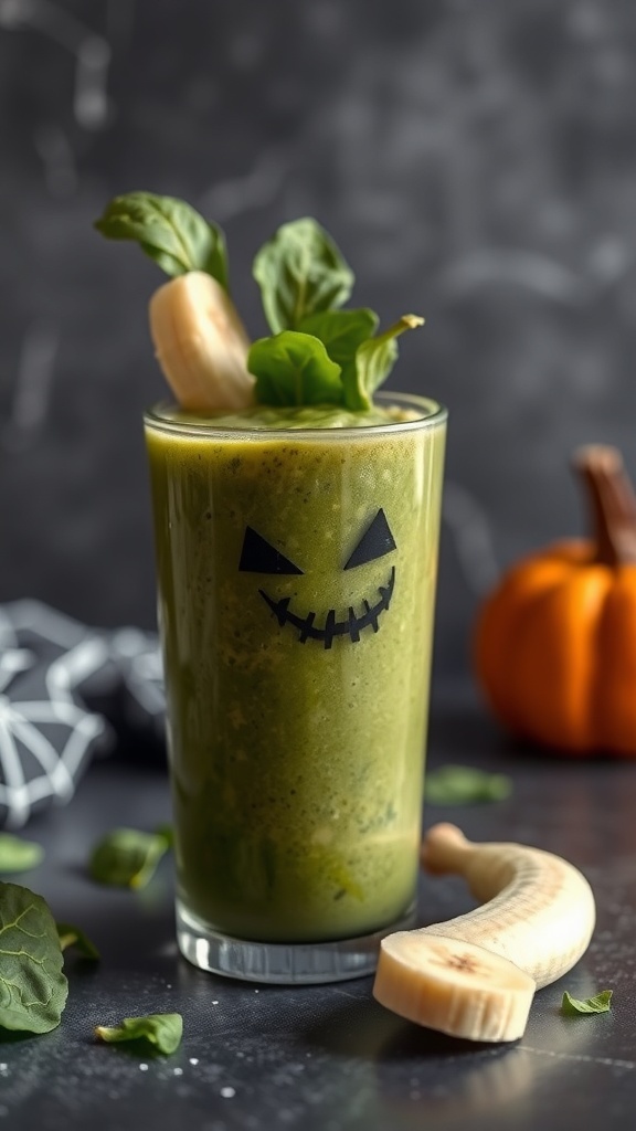 A spooky green smoothie in a glass with a playful face design, garnished with spinach and a banana slice.
