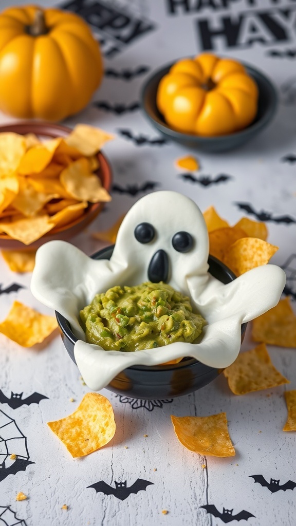 A bowl of guacamole shaped like a ghost, surrounded by tortilla chips and small pumpkins.