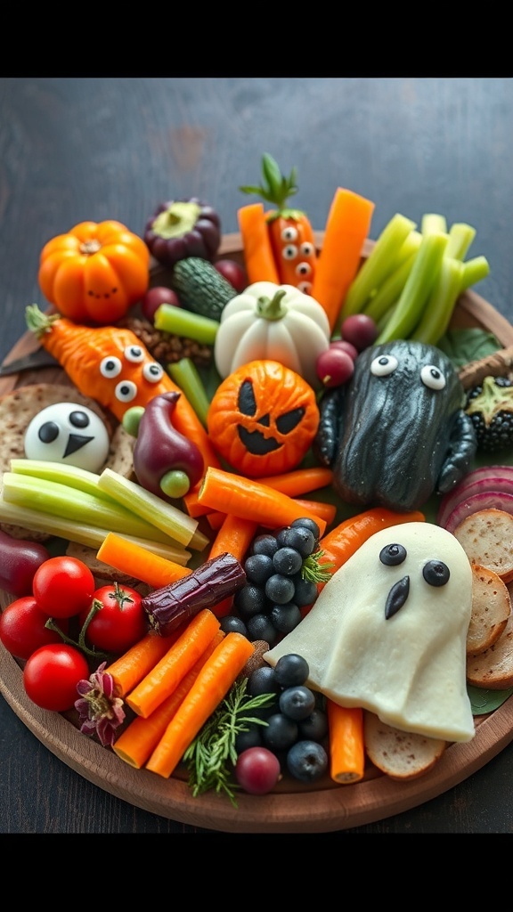 A colorful Halloween-themed veggie platter featuring mini pumpkins, ghost-shaped cheese, and a variety of fresh vegetables.