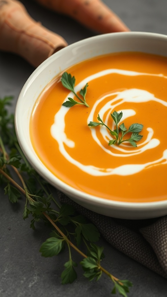 A bowl of ginger carrot soup garnished with cream and herbs, with fresh carrots in the background.