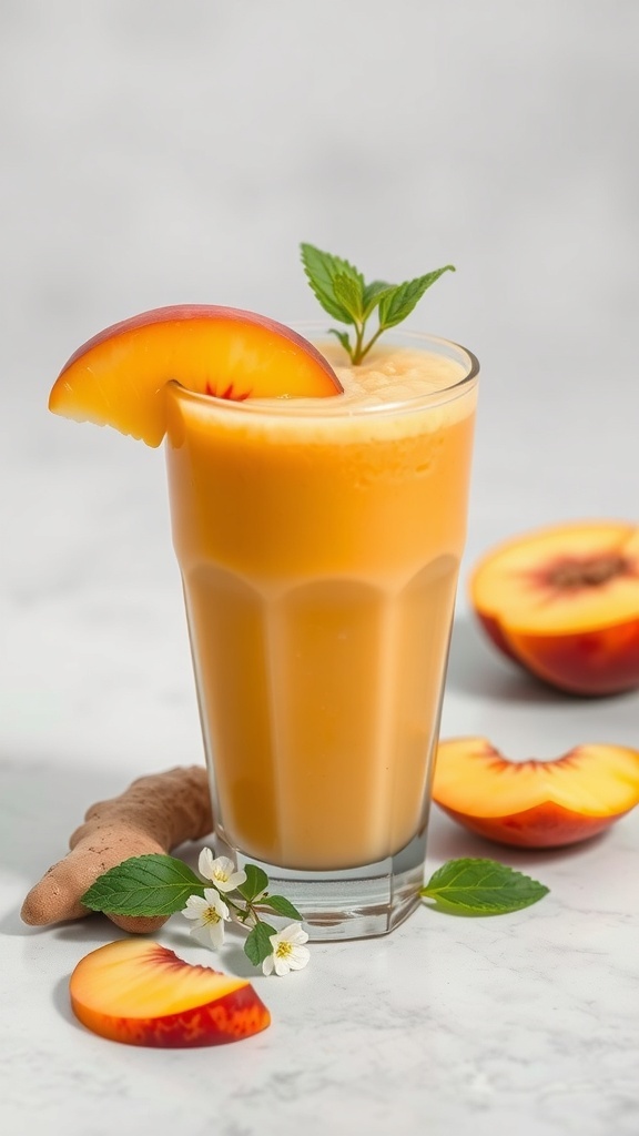 A refreshing ginger peach smoothie in a glass, garnished with a peach slice and mint.