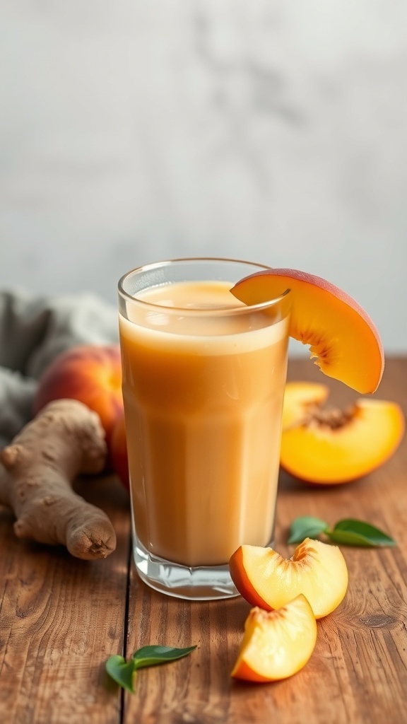A glass of Ginger Peach Smoothie with slices of peach and ginger on a wooden table.