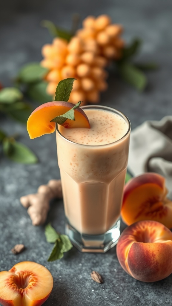 A refreshing Ginger Peach Smoothie in a glass, garnished with a peach slice and mint, surrounded by fresh peaches and ginger.