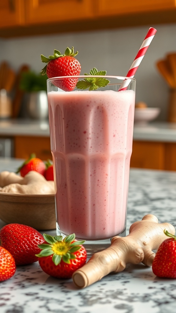 A refreshing ginger strawberry smoothie in a glass with a striped straw, surrounded by fresh strawberries and ginger root.