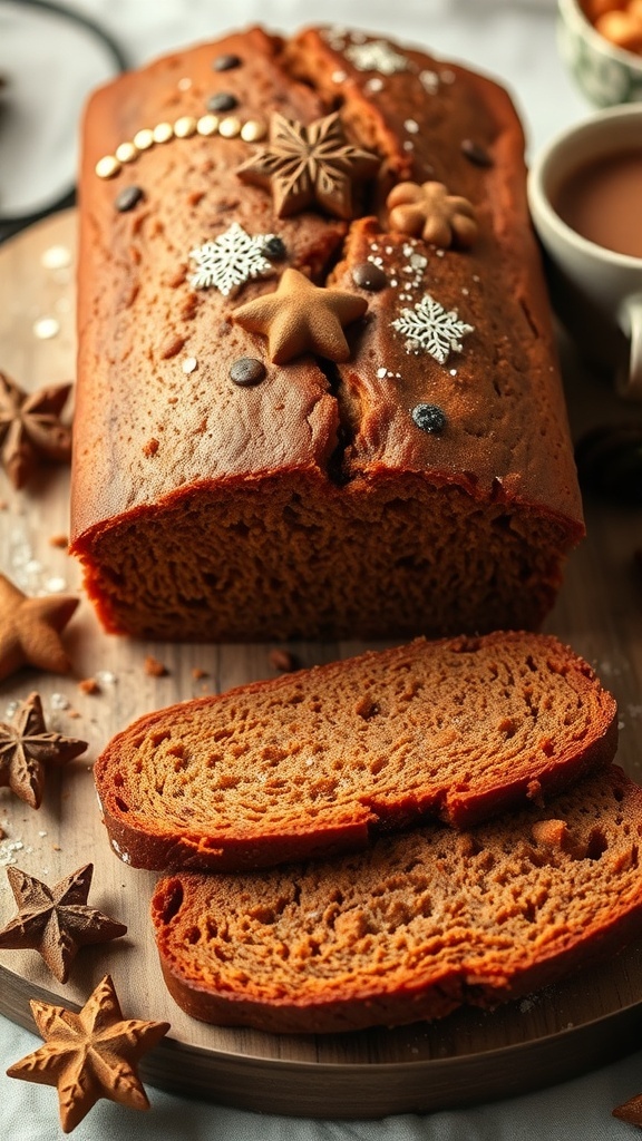 A loaf of gingerbread bread decorated with star-shaped cookies and snowflakes, with slices cut and a cup of coffee in the background.