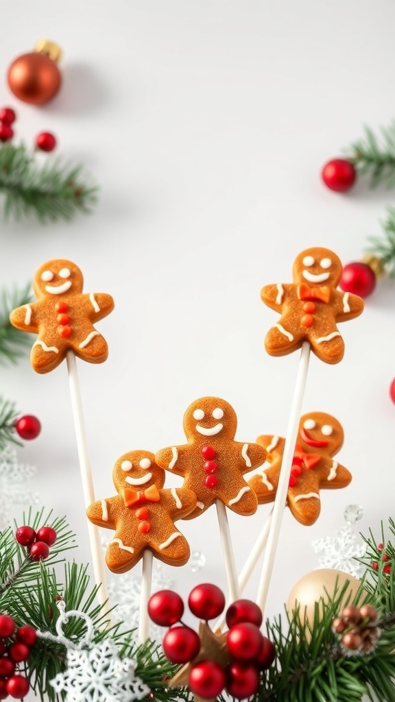 Gingerbread cake pops decorated with colorful icing and placed among festive holiday decorations.