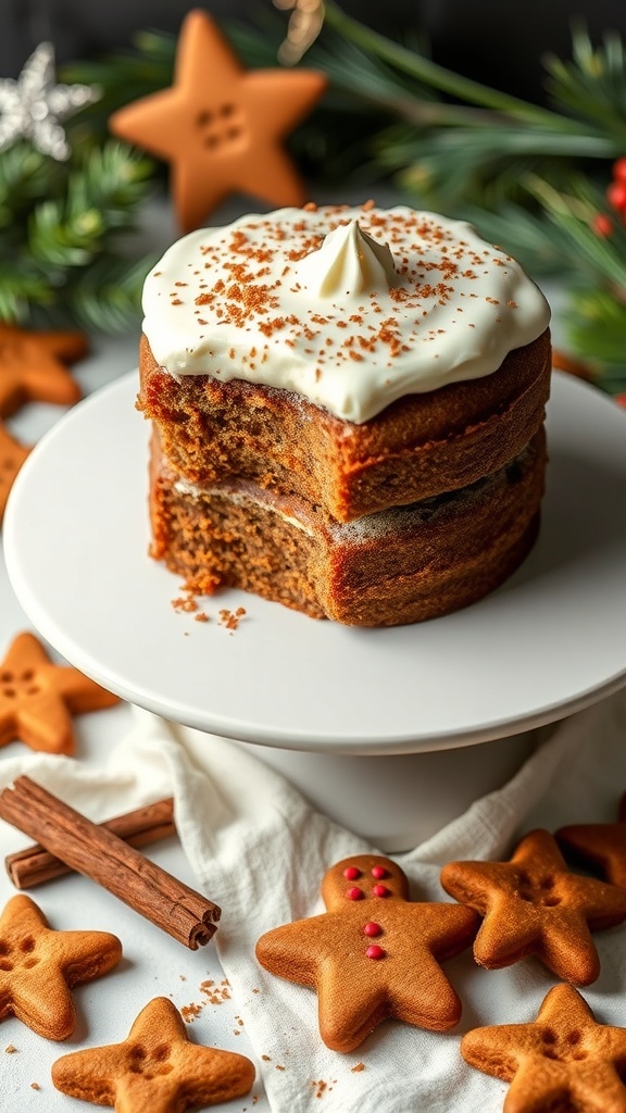 A layered gingerbread cake topped with cream cheese frosting, surrounded by gingerbread cookies and cinnamon sticks.