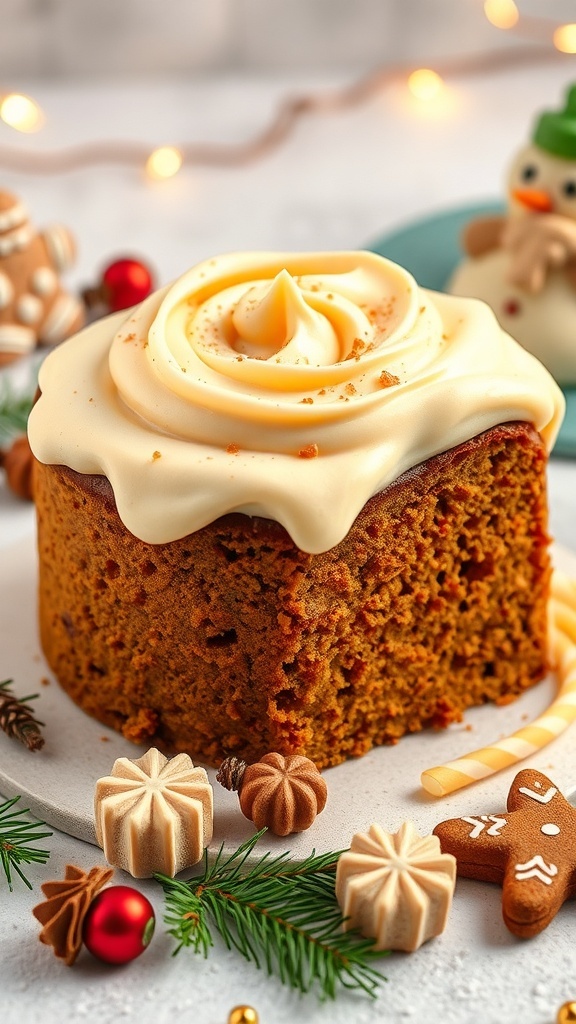A gingerbread cake topped with eggnog frosting, surrounded by festive decorations.