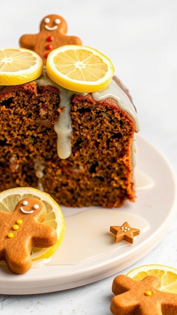 A slice of gingerbread cake topped with lemon glaze and decorated with lemon slices and gingerbread cookies.