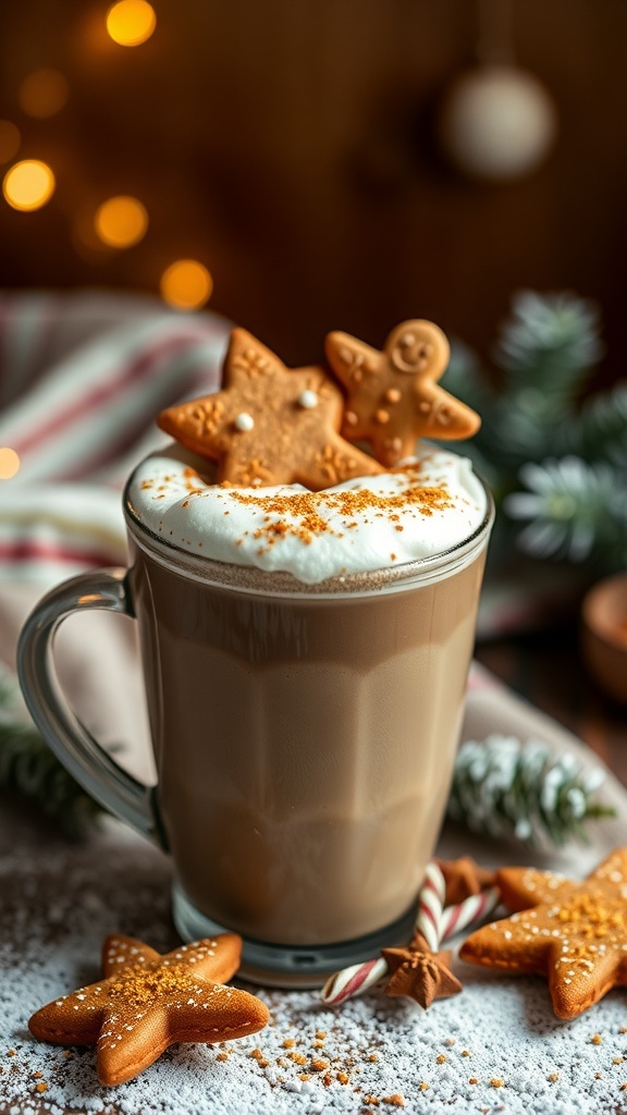 A cozy cup of gingerbread coffee topped with whipped cream and gingerbread cookies, surrounded by festive decorations.