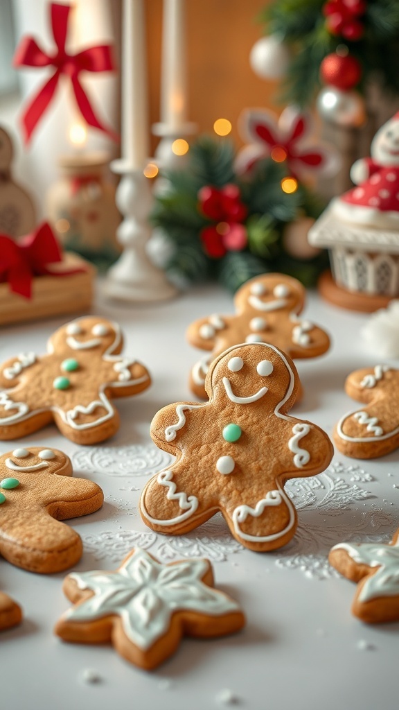 Decorated gingerbread cookies on a festive table