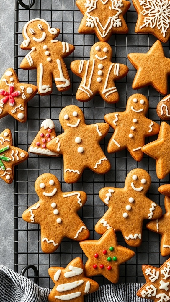 A variety of decorated gingerbread cookies on a cooling rack.