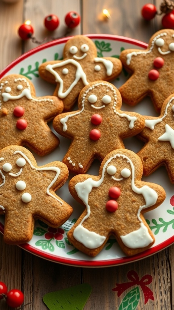 A plate of decorated gingerbread cookies in festive shapes.