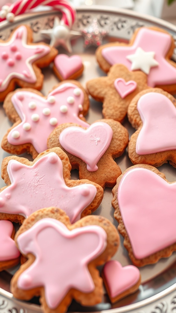 A plate of gingerbread cookies decorated with pink icing in various shapes like hearts and stars.